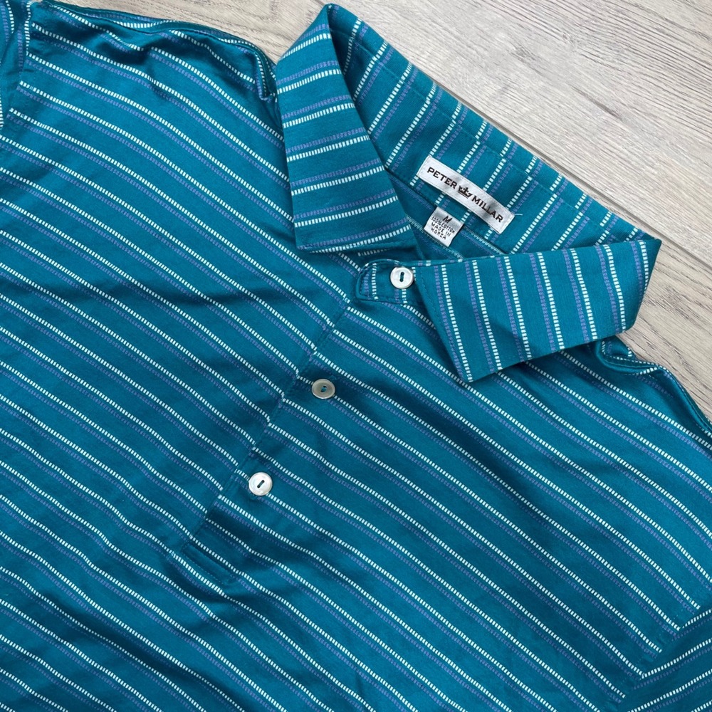 Peter Millar Polo Shirt Mens Size M Teal Striped Cotton Short Sleeve Waverly CC
